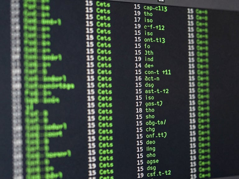Crisp macro screenshot of a terminal interface displaying database synchronization logs, green and white monospace text on a deep charcoal background, clean columns of transactional data, high contrast.