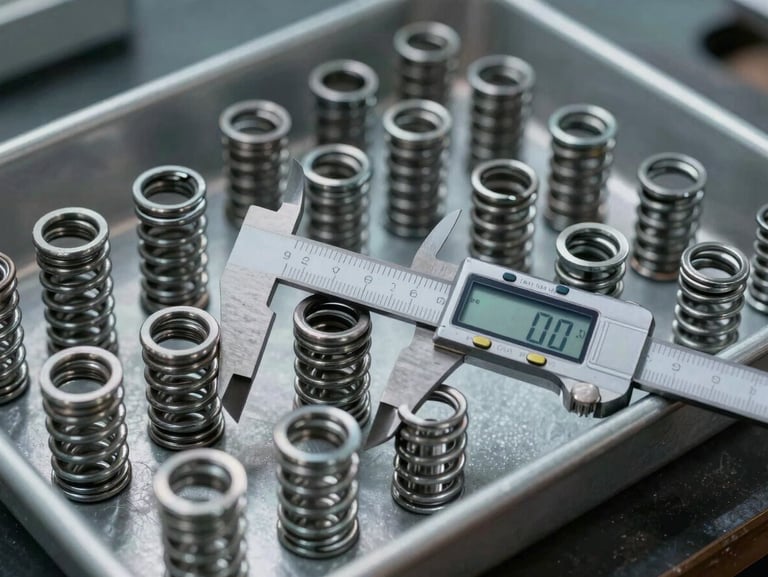 Finished batches of high-carbon steel compression springs organized in industrial trays, digital caliper measuring tolerances, cool metallic glints.