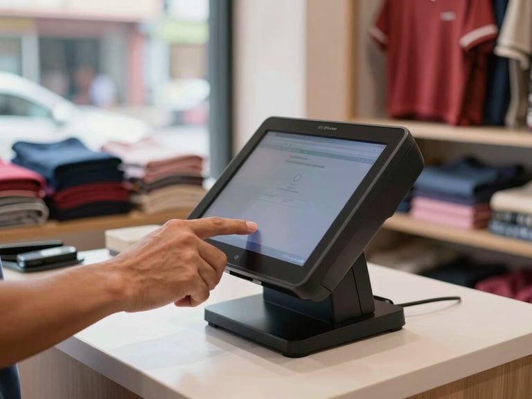 Close-up of hands operating a touchscreen POS terminal on a retail counter in a small Indonesian clothing shop, daylight through a storefront window, neatly folded fabric visible in the background