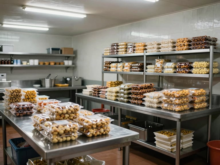 Wide shot of a small Indonesian food production kitchen, stainless steel prep tables, packaged products stacked on shelving, natural overhead fluorescent light, no people, organized and operational
