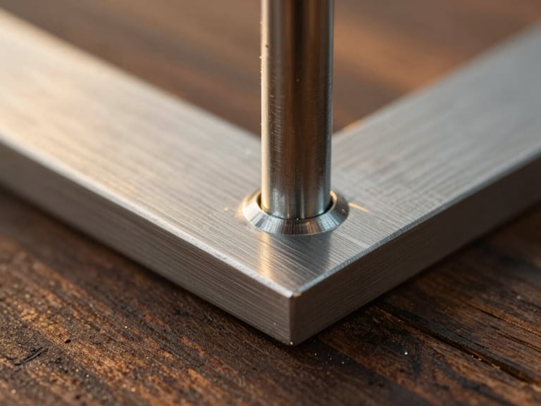 Extreme close-up of premium construction joint, brushed steel and natural dark wood, warm golden-hour light highlighting the precise texture.