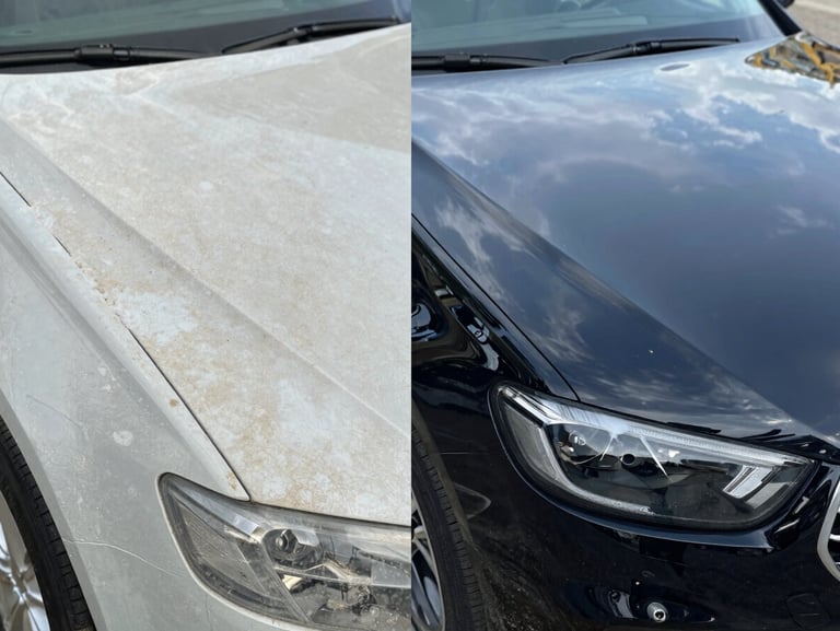 Side-by-side split before-and-after shot of a caravan gelcoat: left side is heavily chalky, faded, and oxidized; right side is restored to a deep glossy mirror reflection, high contrast, 35mm