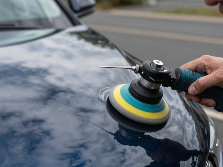 Close-up macro shot of a technician using a dual-action polisher on a caravan gelcoat, high-contrast reflections, crisp overcast daylight, 35mm.