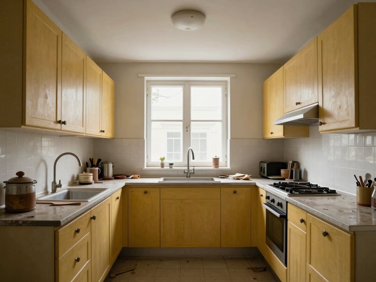 Straight-on wide architectural shot of an outdated, dark kitchen with yellow oak cabinets and cluttered countertops, dim artificial light.