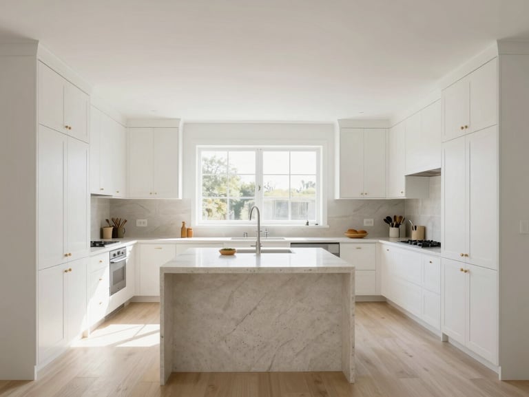 Straight-on wide architectural shot of a bright, modern open-concept kitchen with custom white oak cabinets, limestone island, natural daylight.