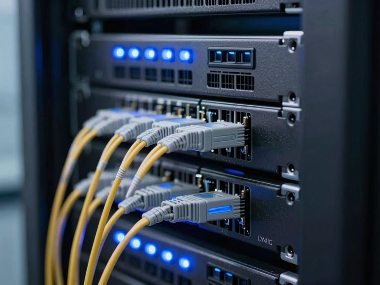 Extreme close-up of a neatly dressed enterprise server rack with glowing blue LED status lights, high-contrast cool industrial lighting, sharp detail on fiber optic connections.