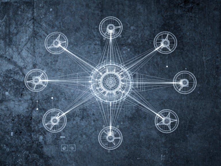 High-contrast technical blueprint schematic of a network topology overlaid on a concrete wall background, cool blue lighting