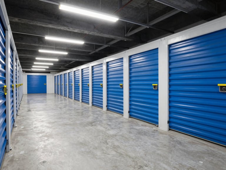 Wide-angle interior of a modern, immaculate Dubai storage facility with clean concrete floors, featuring rows of secure blue storage units with high-visibility yellow markings under bright industrial LED lighting.