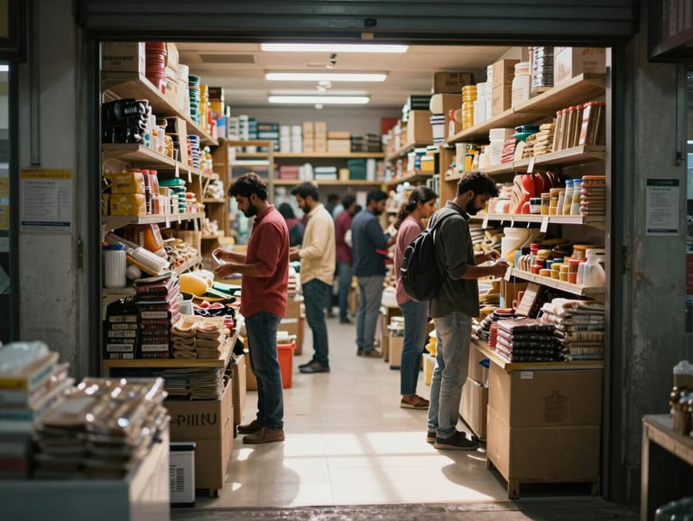 A bustling, well-organized Indian retail shop floor with warm daylight streaming through the front entrance, active customer interaction in the background, clean composition.