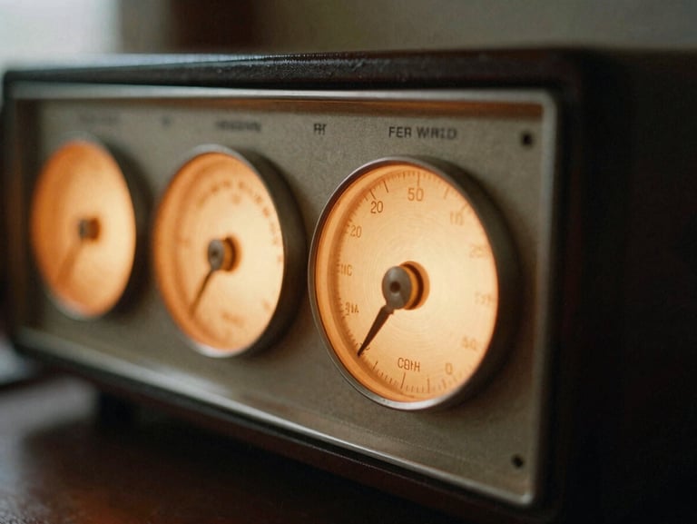 A close-up of a vintage amateur radio transceiver dial glowing with warm orange light in a dimly lit operator shack, soft depth of field