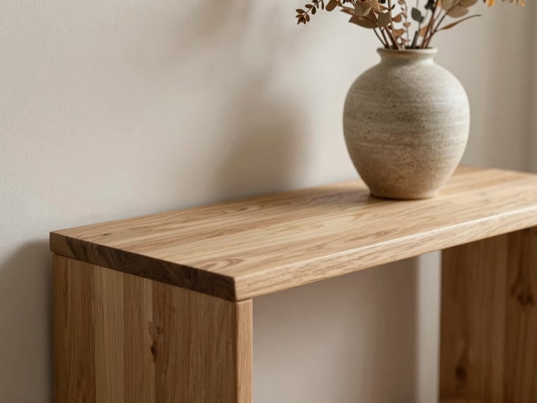 Intimate 45-degree close-up vignette of a light oak console table, a handmade ceramic vase holding dry foliage, soft diffused morning light, warm neutral tones.