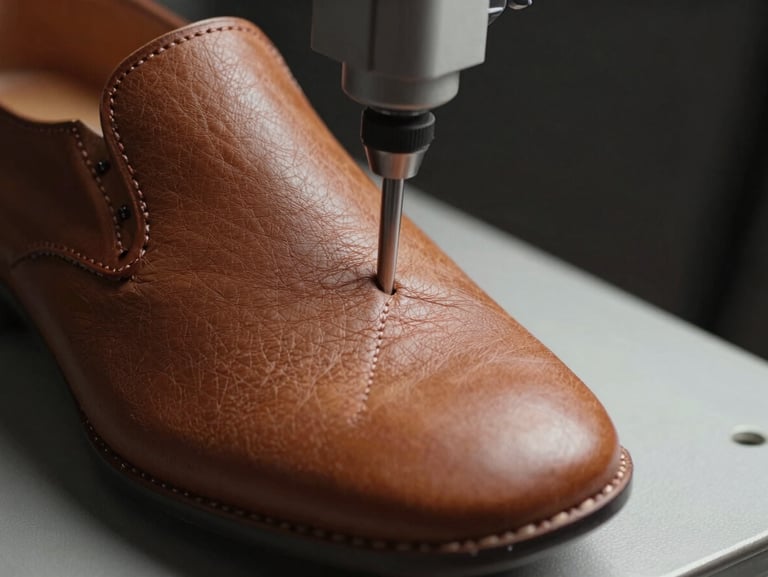 Macro close-up of a leather sole being stitched on a precision industrial machine, cool studio strobe lighting revealing the grain texture and thread detail, neutral dark background, no human hands visible, documentary equipment framing
