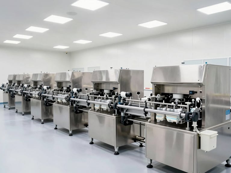 Wide environmental shot of an automated diaper production line, clinical stainless steel machinery, bright cleanroom lighting.