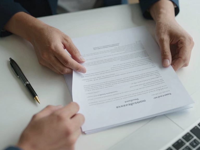 Close-up overhead view of hands sorting lease documents on a clean desk, a pen resting beside a printed tenancy agreement, soft north-facing office daylight, muted and orderly