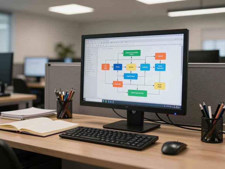 Wide shot of a tidy operations workspace — a monitor showing a process flowchart, notebook open beside a keyboard, ambient office lighting, no people, organised and purposeful