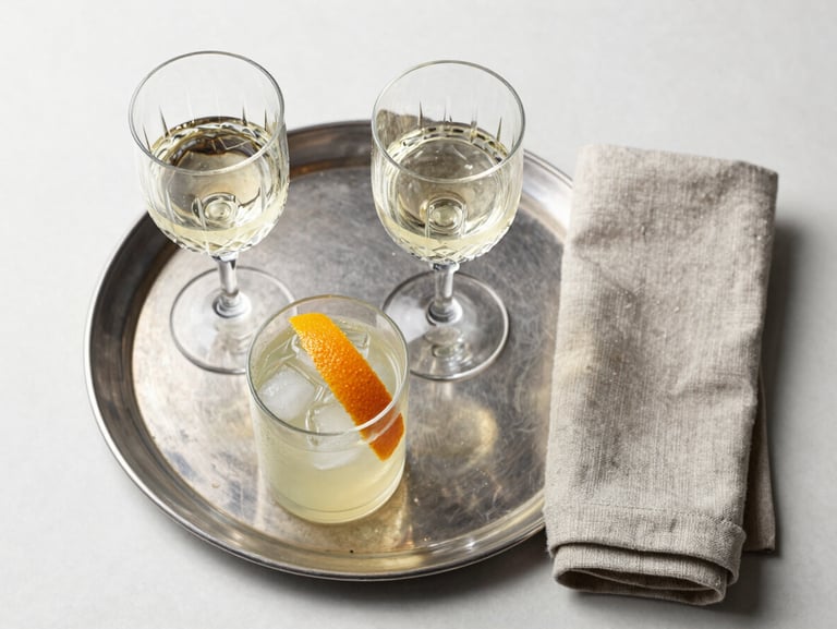 Overhead flat-lay of beverage service — two crystal wine glasses with white wine, a cocktail with ice and citrus peel resting on a silver tray, linen napkin folded to the right, neutral studio light, white surface
