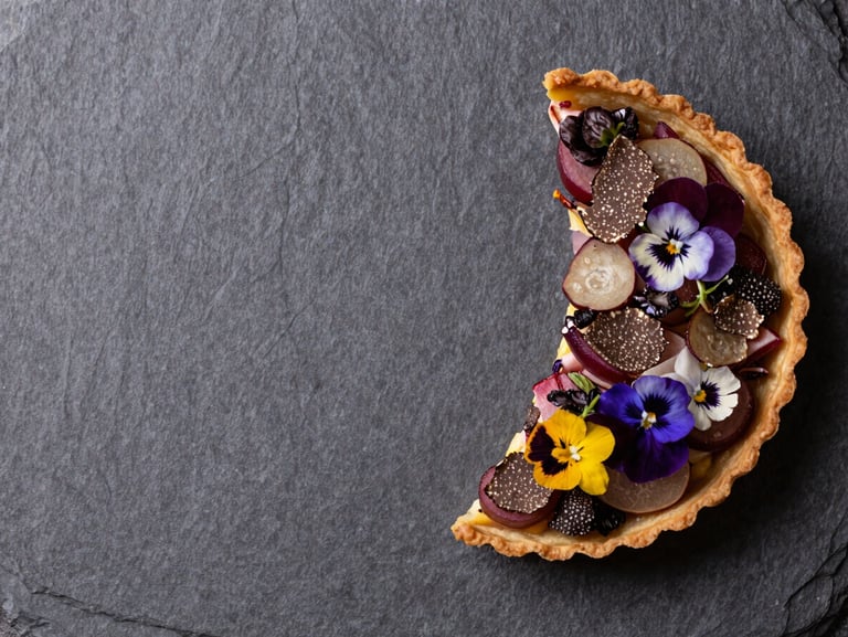 Macro overhead of a seasonal composed plate — autumn root vegetable tart with truffle shavings and edible flowers, warm studio strobe from above, slate grey surface, precise plating with generous negative space