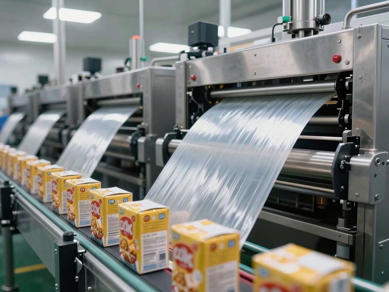 Wide angle of a packaging and wrapping machine line in a food factory, shrink-wrap film being fed through rollers, stainless steel frame, bright overhead lighting, product cartons moving along conveyor in the foreground