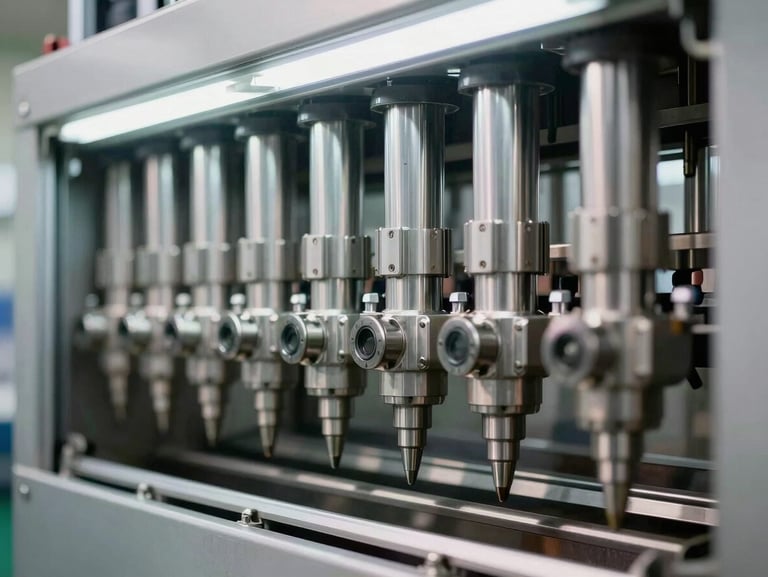 Close-up of an industrial liquid filling machine head, multiple stainless steel nozzles aligned in a row, bright factory fluorescent lighting, precision valve components visible, machine stationary and ready for operation
