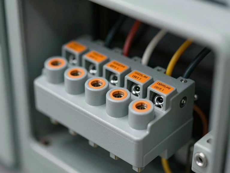 Close-up of clean wiring terminals inside an industrial control panel, matte grey plastics, sharp orange wire labels, high contrast lighting.