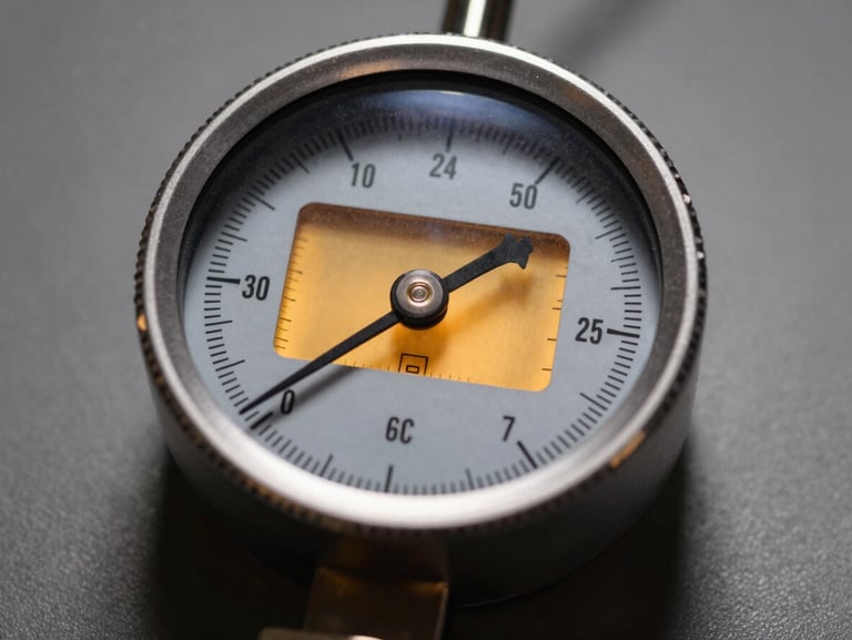 Macro shot of a high-precision digital pressure gauge dial, glowing amber display, metallic steel casing, dramatic shadow.