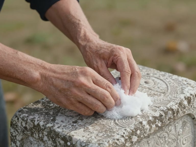 Gros plan sur des mains d'artisan brossant délicatement de la mousse sur une stèle ancienne en pierre de Courville, sans outils mécaniques, lumière naturelle douce d'un après-midi d'automne.