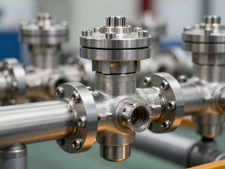 Macro shot of high-precision industrial control valves and steel pipes, crisp industrial lighting with amber highlights, 50mm lens