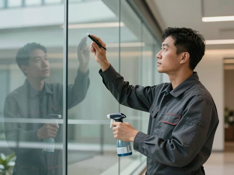 A professional cleaner in a dark charcoal uniform meticulously inspecting a clean glass partition, sharp focus, architectural lines