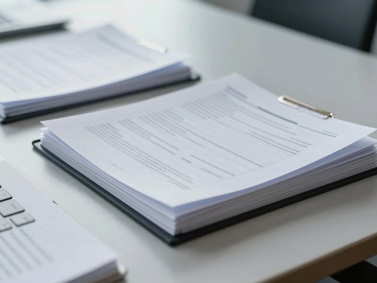 Macro shot of technical documentation and regulatory folders on a modern boardroom table, cool bright daylight, organized layout.