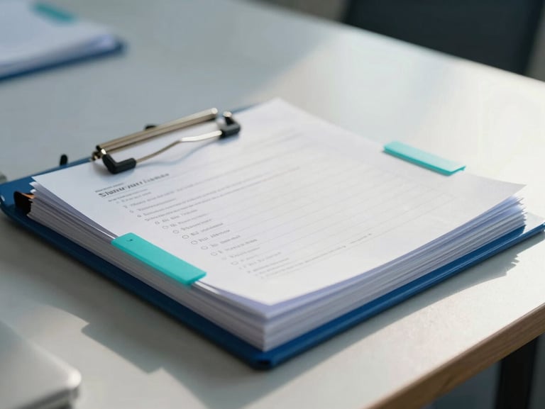 Macro shot of physical technical dossiers with blue and teal filing tabs, organized on a modern boardroom table, cool natural daylight.