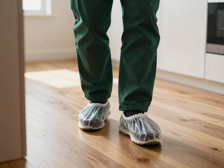Close-up of a technician in a clean, dark green uniform wearing protective shoe covers while stepping onto a pristine hardwood floor inside a modern home, high-contrast natural daylight.