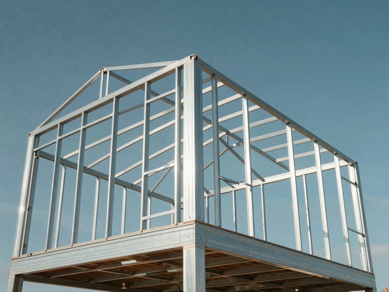 Low-angle architectural elevation of a steel framing house skeleton under bright daylight, showing precise metallic profiles and geometric shadows.