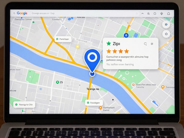 Overhead flat-lay of a laptop screen showing a Google Maps view with multiple map pins in a single zip code, one pin enlarged and labeled with a star rating and review count callout, screenshot-native lighting