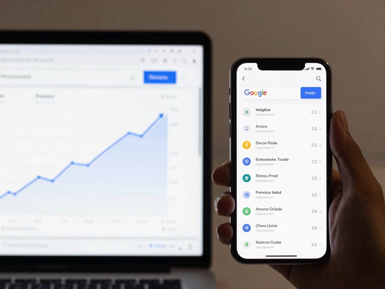 Side-by-side desktop and mobile phone frames showing a Google Search impressions analytics dashboard, a clearly ascending rank-movement line chart, screenshot-native clean background, tight crop on the metric area
