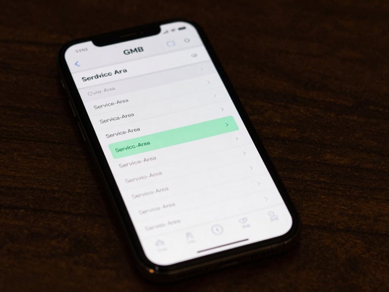 Phone screen in a flat-lay frame showing a GMB profile edit view with the categories and service-area fields in focus, muted green accent on the active field, screenshot-native even lighting