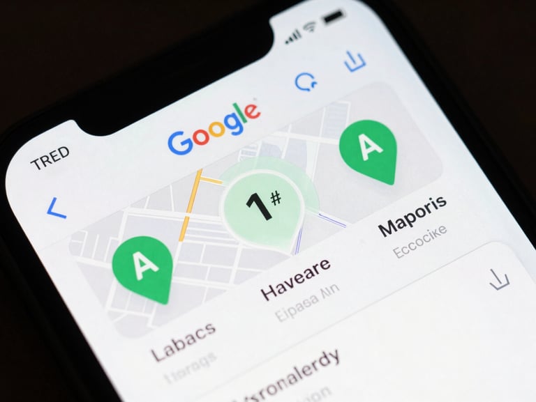 Tight overhead crop of a mobile phone screen displaying a Google Maps local pack result, three business pins visible, rank position #1 highlighted with a subtle green annotation, screenshot-native even lighting, no physical props