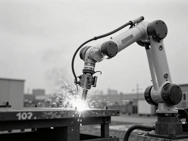 Desaturated editorial photograph of a robotic arm welding sheet metal, cool overcast daylight, sharp focus, 35mm film.