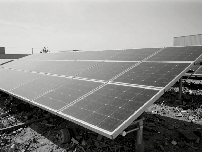 Desaturated editorial photograph of a commercial solar panel installation being serviced, cool overcast daylight, sharp focus, 35mm film.