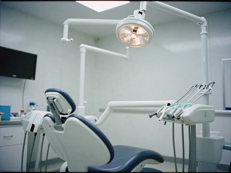 Desaturated editorial photograph of a sterile dental operatory, cool clinical lighting, sharp focus, 35mm film.