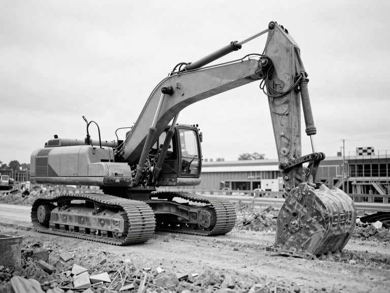 Desaturated editorial photograph of heavy machinery on a highway construction site, cool overcast daylight, sharp focus, 35mm film.