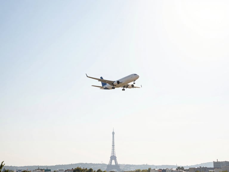 An airplane flying high in the bright sunny sky towards Europe, with a subtle silhouette of the Eiffel Tower visible in the distant landscape below, daylight, clean high-key aesthetic