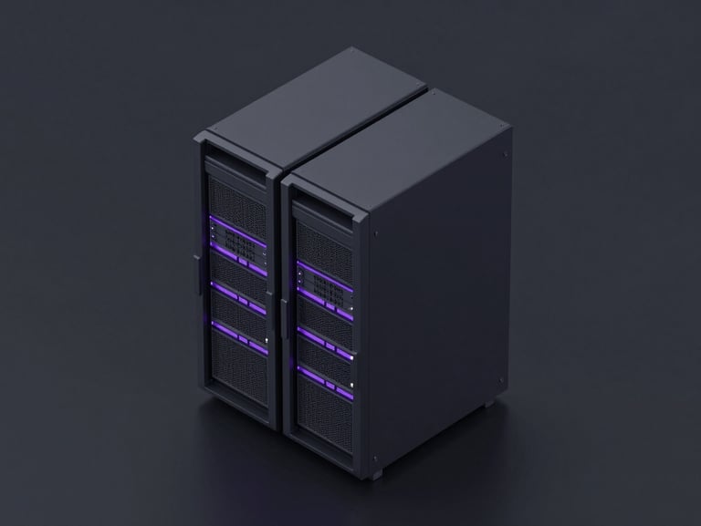 3d render, isometric view of a single pristine physical server rack, dark mode, sharp violet accents, high-contrast studio lighting