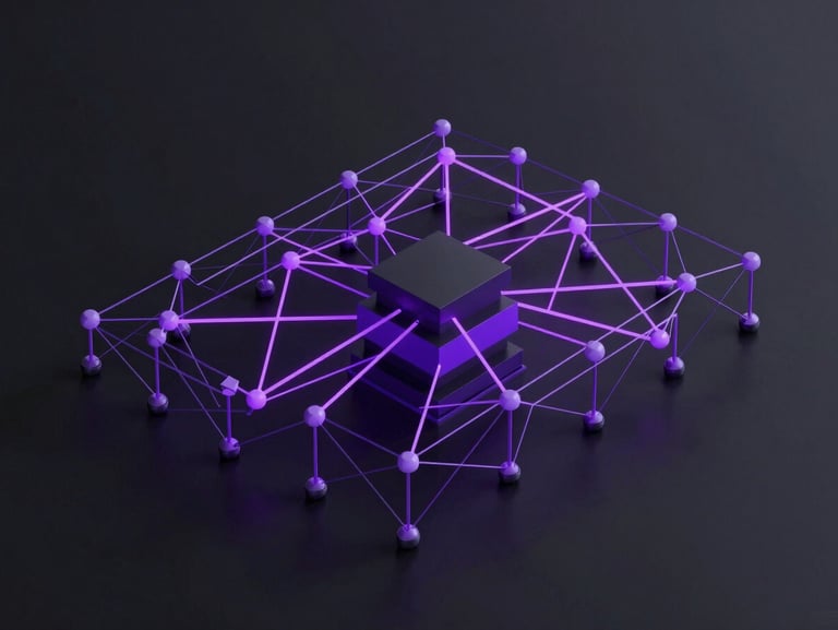 3d render, abstract geometric data nodes connected by glowing violet lines, dark mode, high-contrast studio lighting