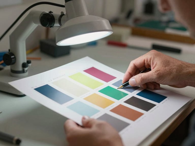 Hands of a craftsman carefully examining a freshly printed color proof sheet under a color-matching lamp, workshop background