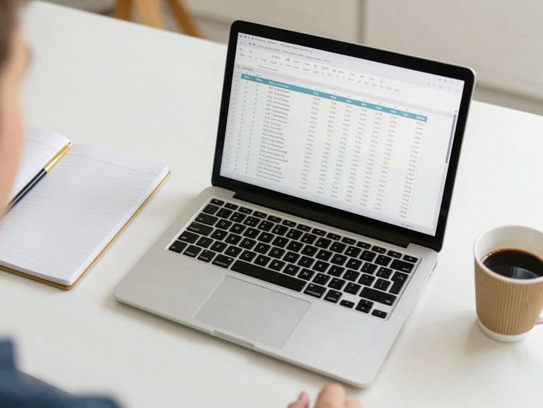 A clean overhead flat-lay of a student's desk with a laptop displaying a comparative spreadsheet, a notebook with gold-tipped pages, and a coffee cup.