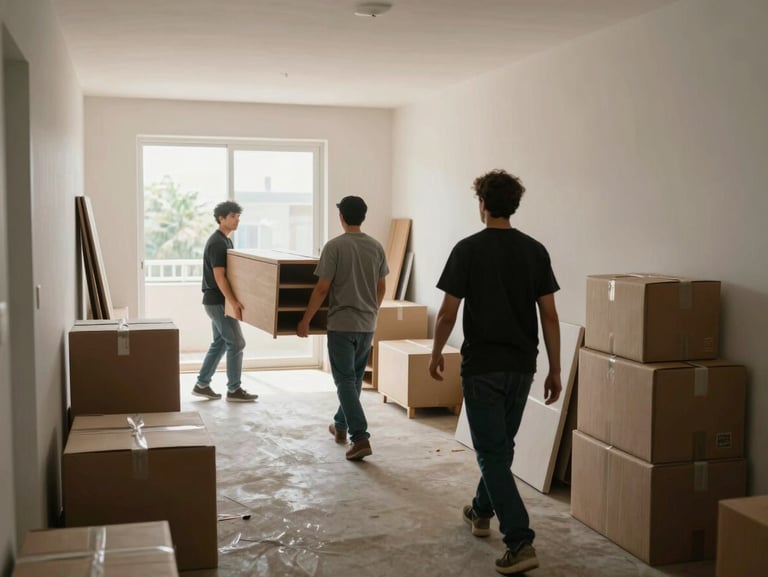 Wide environmental shot of a commercial clearance in progress, crew members carrying furniture through an empty apartment corridor, morning daylight from end window, boxes stacked along the wall