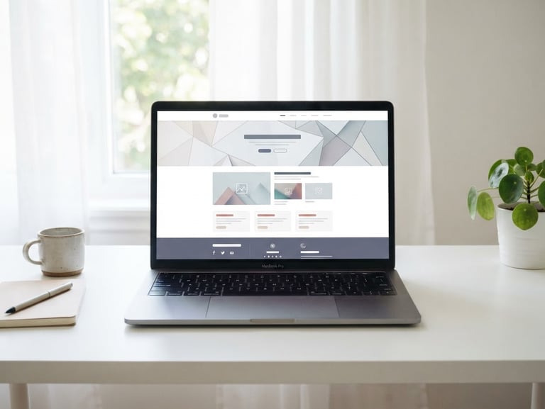 Straight-on desktop mockup of a modern laptop displaying a responsive, clean website layout on a minimalist white desk, bright morning window light, sharp focus, 35mm
