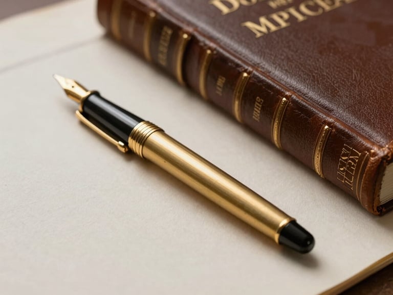A close-up of physical legal artifacts, a gold fountain pen resting on heavy cotton paper next to a leather-bound Dutch civil code, soft side light.