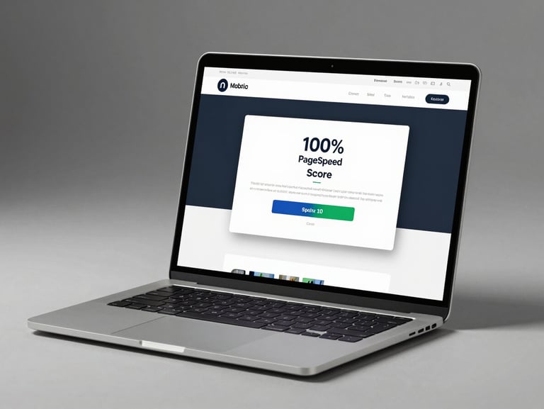 Minimalist studio shot of a modern laptop displaying a crisp, high-contrast website mockup with an overlay showing a 100% PageSpeed score badge, sharp lighting
