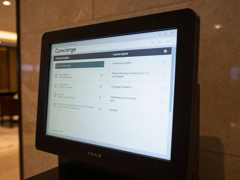 Close-up of a digital kiosk screen mounted in a hotel lobby, interface showing concierge menu options clearly readable, warm ambient interior lighting, marble wall visible in background